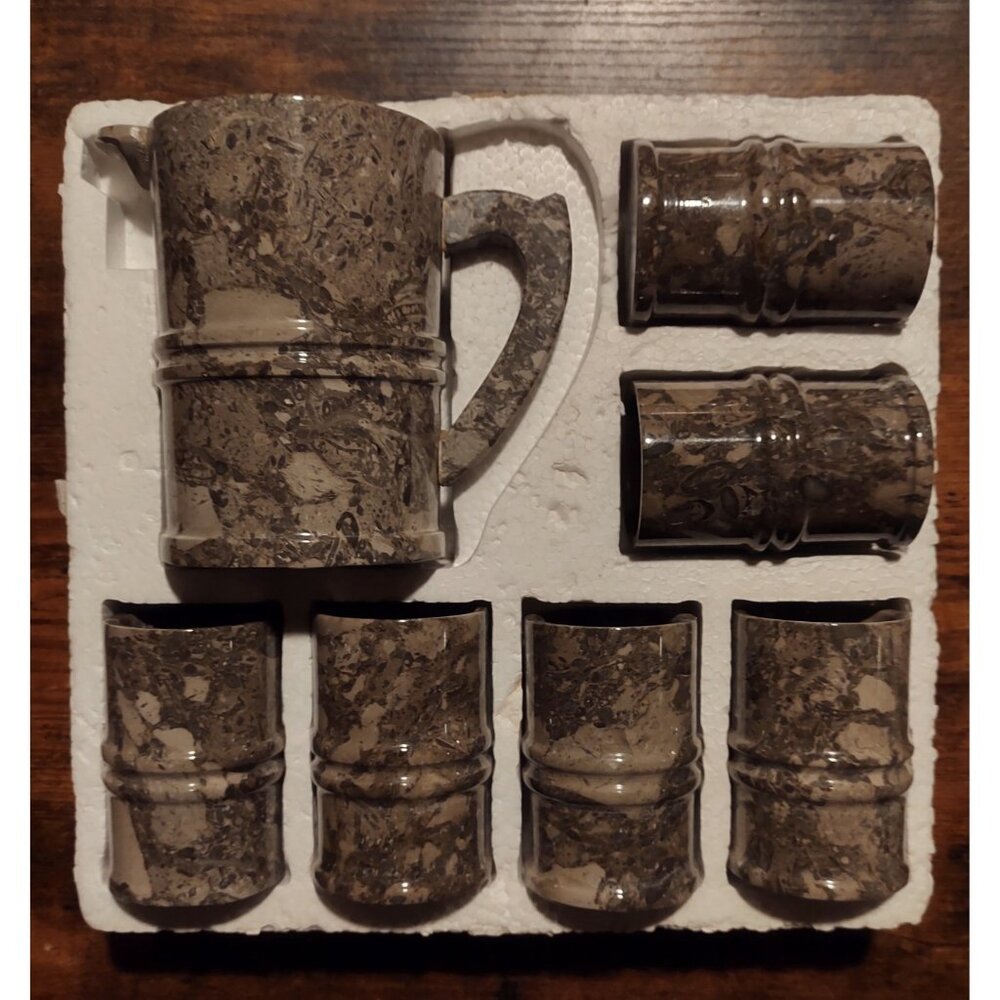 Vintage Hand-Carved Onyx Marble Pitcher and Tumbler Set 